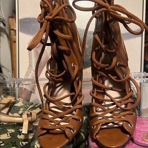 Women's Brown Lace-Up Open Toe Heels
